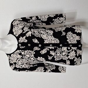 August Silk C'est City Silk Blend Black Cream Preppy Velvet Trim Cardigan Size L